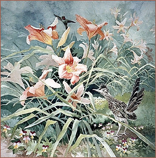 Image of Roadrunner and Daylillies by Jane Felts Mauldin